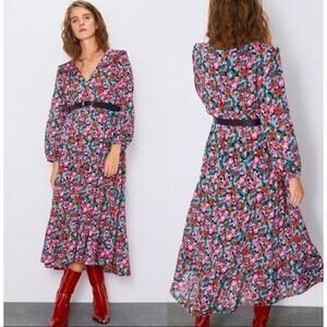 ZARA Poppy Floral Tiered Maxi Dress Small Long Sleeves Flowy